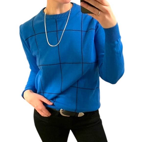 John Ashford Sweaters - Vintage JOHN ASHFORD Blue Black Checked Cotton Crew Neck Pullover Sweater Jumper